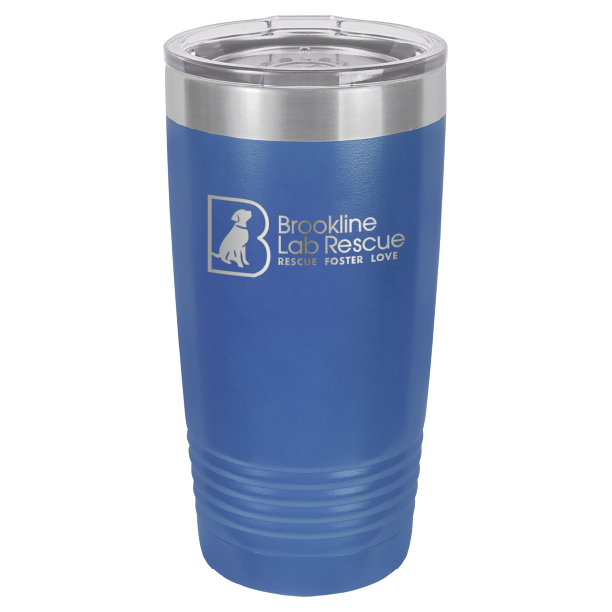 Royal blue  laser engraved 20 ounce tumbler featuring the Brookline Lab Rescue logo