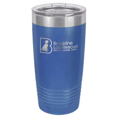 Royal blue  laser engraved 20 ounce tumbler featuring the Brookline Lab Rescue logo