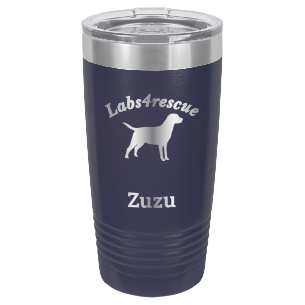 Navy blue laser engraved 20 oz tumbler featuring the Labs4rescue logo and the name Zuzu. 