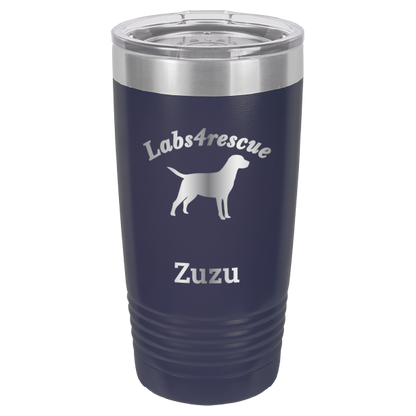 Navy blue laser engraved 20 oz tumbler featuring the Labs4rescue logo and the name Zuzu. 
