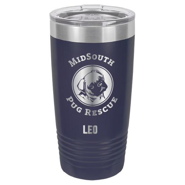 Navy blue laser engraved 20 oz tumbler featuring the MidSouth Pug Rescue logo and the name Leo.
