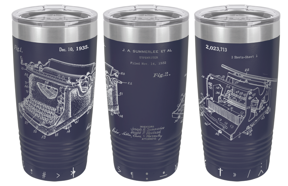 Vintage typewriter patent laser engraved on a navy blue stainless steel tumbler