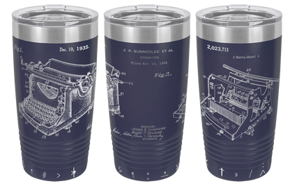 Vintage typewriter patent laser engraved on a navy blue stainless steel tumbler