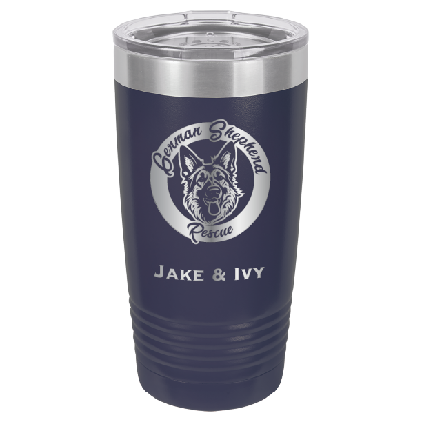 Laser Engraved navy blue 20 oz tumbler with German Shepherd Rescue and the names Jake and Ivy