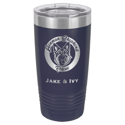 Laser Engraved navy blue 20 oz tumbler with German Shepherd Rescue and the names Jake and Ivy