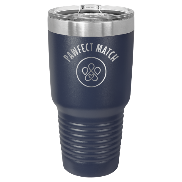 Navy blue 30 oz laser engraved tumbler featuring the Pawfect Match logo