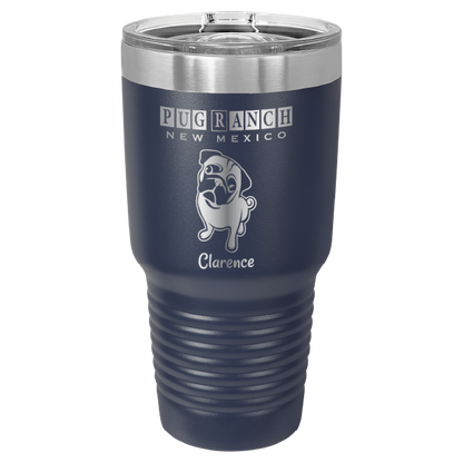 Laser engraved navy blue tumbler featuring Pug Ranch NM: 30 oz