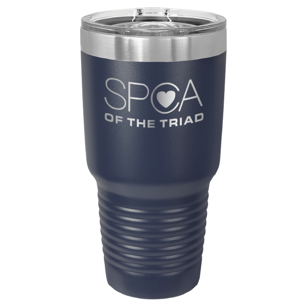 Navy Blue 30 oz laser engraved tumbler featuring the SPCA of the Triad logo.