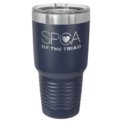 Navy Blue 30 oz laser engraved tumbler featuring the SPCA of the Triad logo.