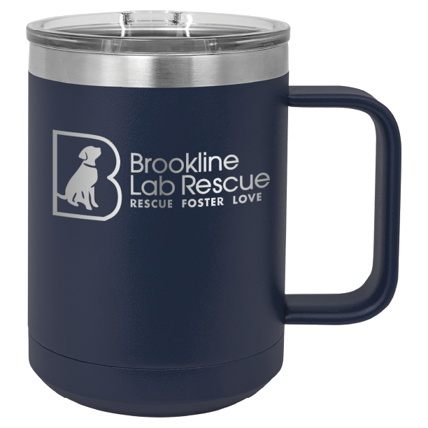 Navy blue laser engraved 15 of coffee cup featuring the Brookline Lab Rescue logo