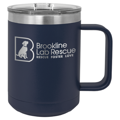 Navy blue laser engraved 15 of coffee cup featuring the Brookline Lab Rescue logo