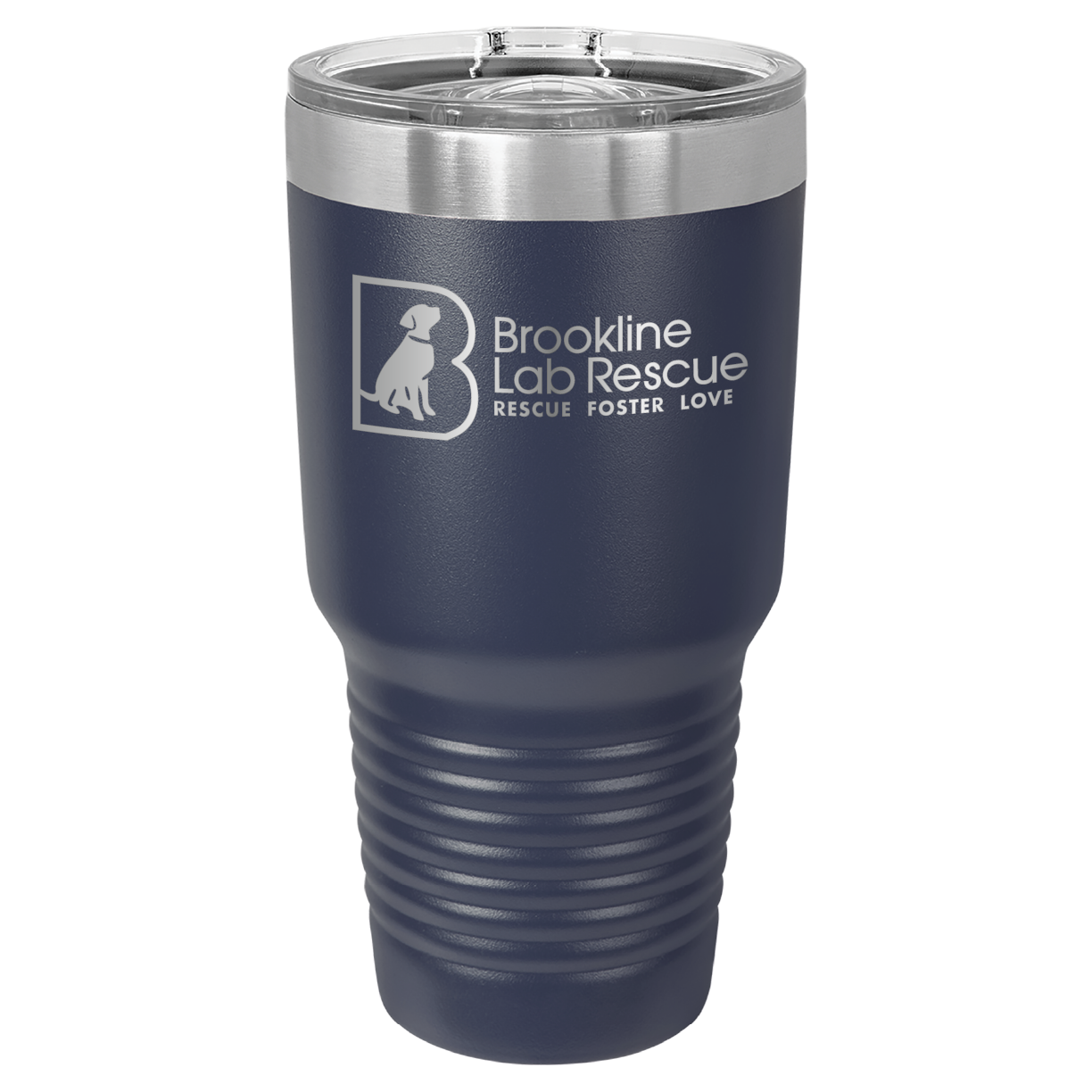 Navy laser engraved 30 oz tumbler featuring the Brookline Lab Rescue logo