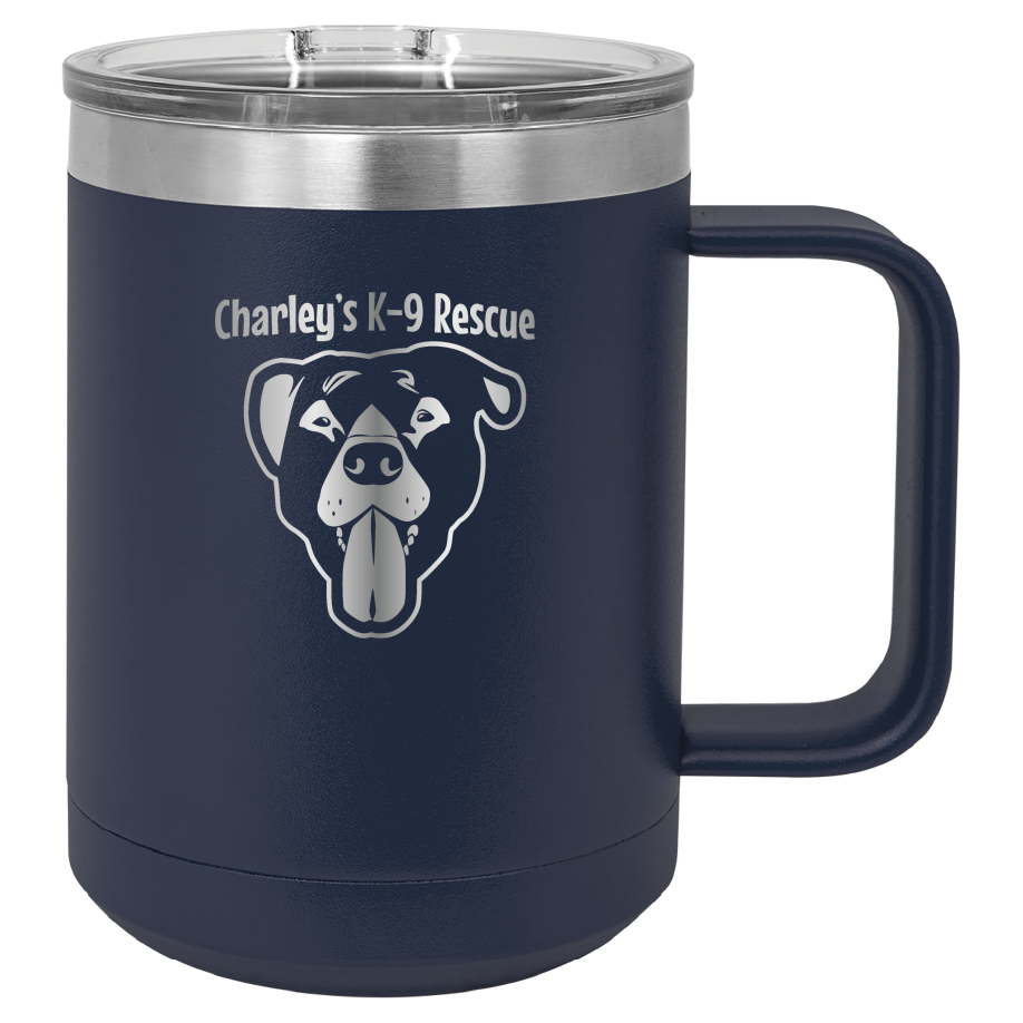 Navy blue  15 oz coffee cup laser engraved  tumbler featuring the Charley's K9 Rescue logo