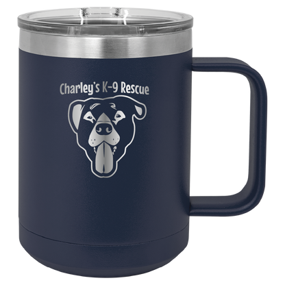 Navy blue  15 oz coffee cup laser engraved  tumbler featuring the Charley's K9 Rescue logo