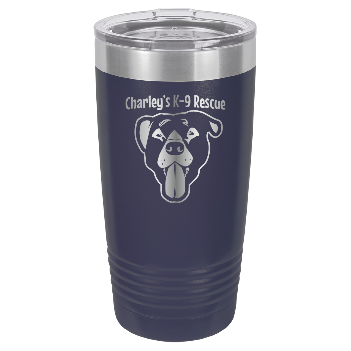 Navy blue 20 ounce tumbler laser engraved  tumbler featuring the Charley's K9 Rescue logo