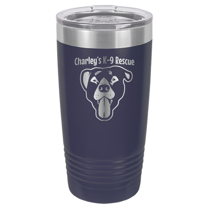 Navy blue 20 ounce tumbler laser engraved  tumbler featuring the Charley's K9 Rescue logo