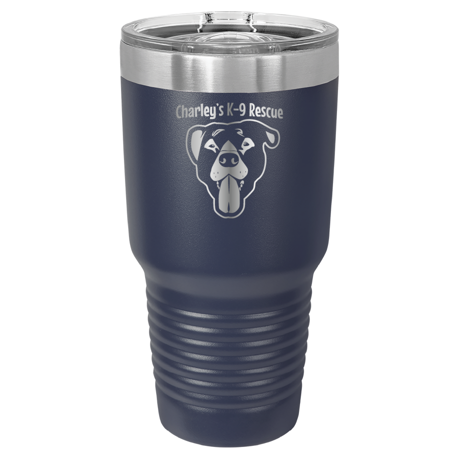 Navy blue 30 oz tumbler laser engraved  tumbler featuring the Charley's K9 Rescue logo