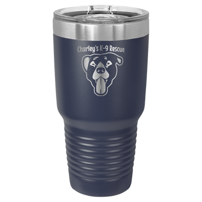 Navy blue 30 oz tumbler laser engraved  tumbler featuring the Charley's K9 Rescue logo