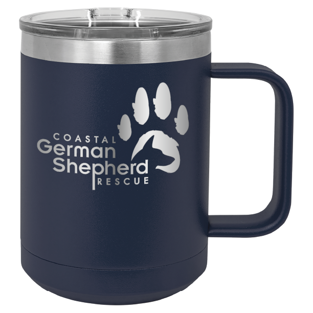 Navy blue 15 ounce laser engraved coffee mug, featuring the with the Coastal German Shpherd Rescue of Orange County logo