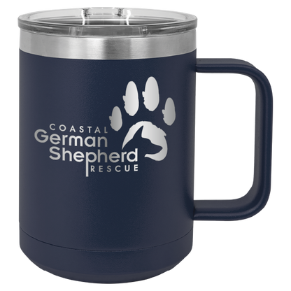 Navy blue 15 ounce laser engraved coffee mug, featuring the with the Coastal German Shpherd Rescue of Orange County logo