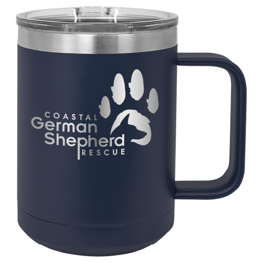 Navy blue 15 ounce laser engraved coffee mug, featuring the with the Coastal German Shpherd Rescue of Orange County logo