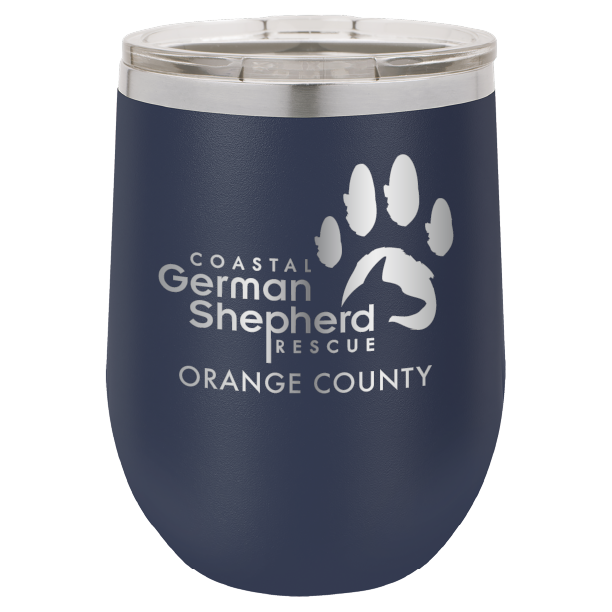 12 oz Wine tumbler laser engraved with the Coastal German Shepherd Rescue of Orange County logo, in navy blue