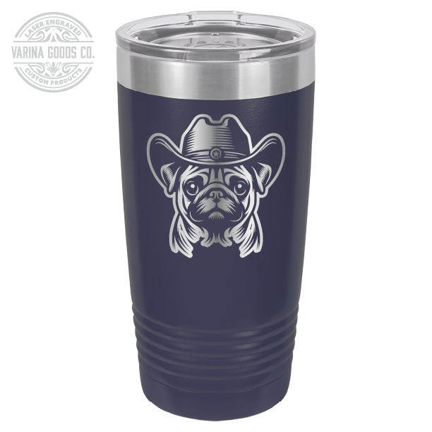 Navy blue Cowboy Pug laser engraved 20 oz tumbler.