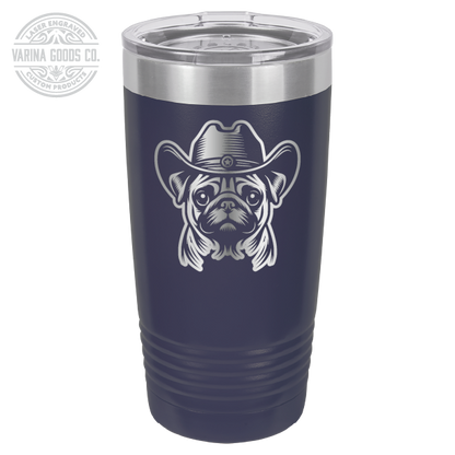 Navy blue Cowboy Pug laser engraved 20 oz tumbler.