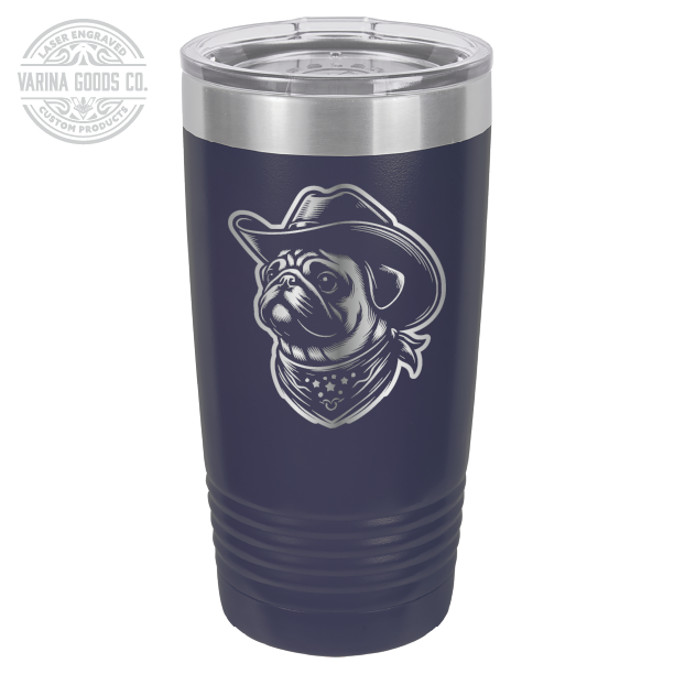 Cowboy Pug with bandana 20 laser engraved tumbler, in navy blue