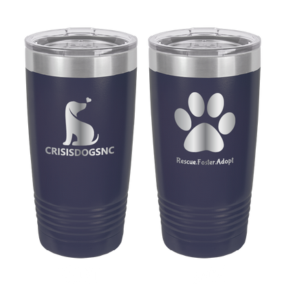 Navy blue 20 oz laser engraved tumbler with the Crisis Dogs NC logo on one side and Rescue.Foster. Adopt. on the reverse side.