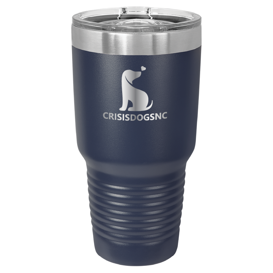 Navy Blue 30 oz laser engraved tumbler with the Crisis Dogs NC logo.