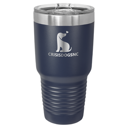 Navy Blue 30 oz laser engraved tumbler with the Crisis Dogs NC logo.