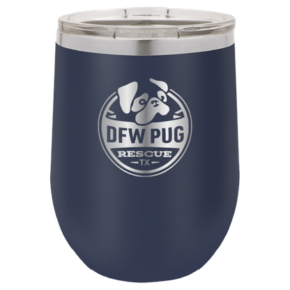 DFW Pug Rescue 12 oz Wine tumbler in navy blue