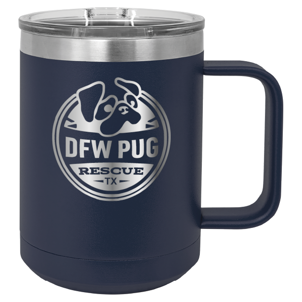 Navy blue 15 oz laser engraved coffee cup featuring the DFW Pug Rescue logo