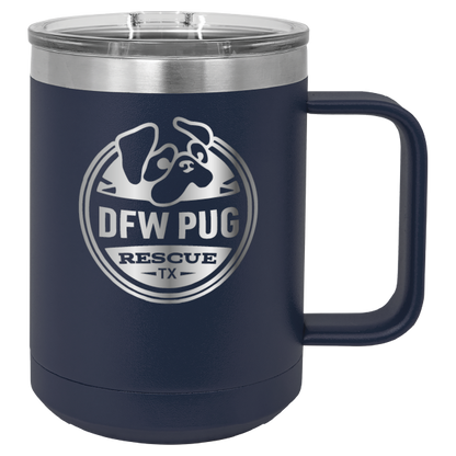 Navy blue 15 oz laser engraved coffee cup featuring the DFW Pug Rescue logo