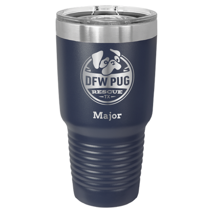 30 oz. DWF Pug Rescue laser engraved tumbler in navy blue