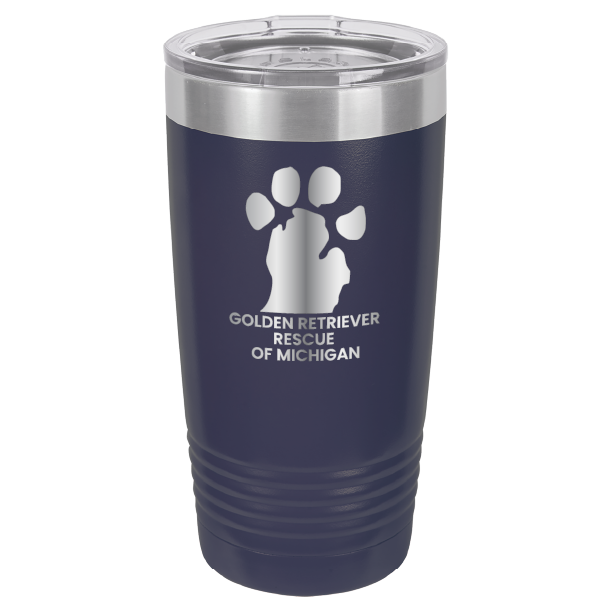 Navy Blue 20 Oz laser engraved tumbler with the Golden Retriever Rescue of Michigan logo