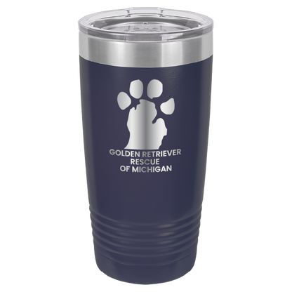 Navy Blue 20 Oz laser engraved tumbler with the Golden Retriever Rescue of Michigan logo