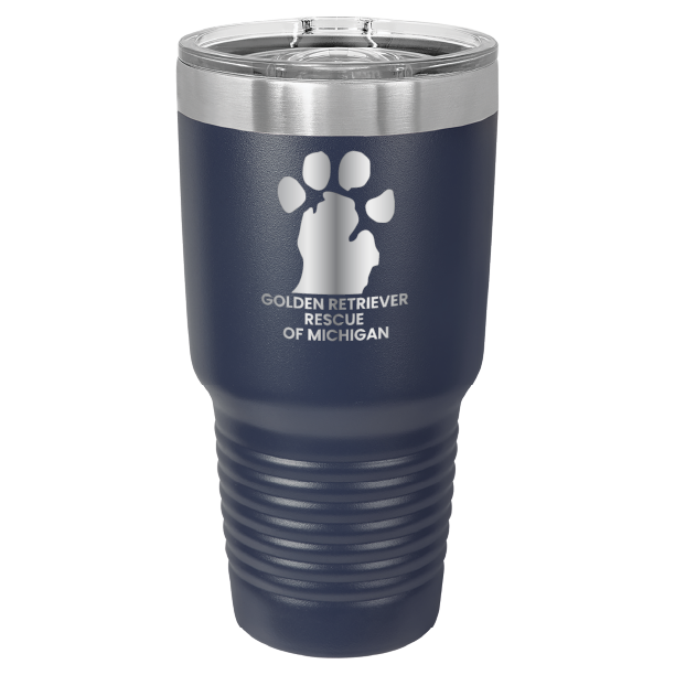 Navy Blue 30 laser engraved tumbler featuring the Golden Retriever Rescue of Michigan logo