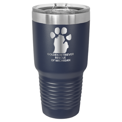 Navy Blue 30 laser engraved tumbler featuring the Golden Retriever Rescue of Michigan logo