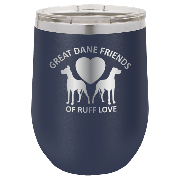 Navy Blue laser engraved wine tumbler with Great Dane Friends of Ruff Love logo.
