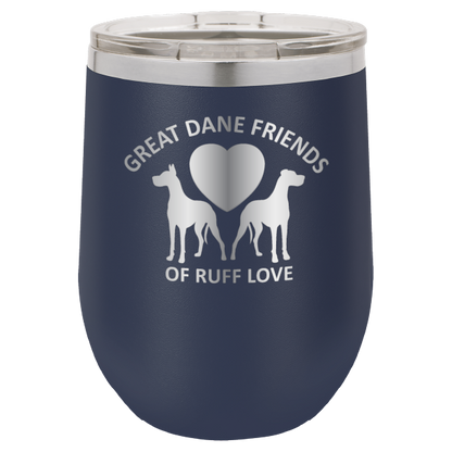 Navy Blue laser engraved wine tumbler with Great Dane Friends of Ruff Love logo.