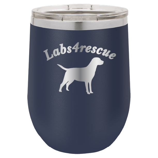 12 oz laser engraved wine tumbler with the labs4rescue logo, in navy blue