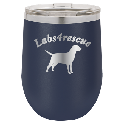12 oz laser engraved wine tumbler with the labs4rescue logo, in navy blue
