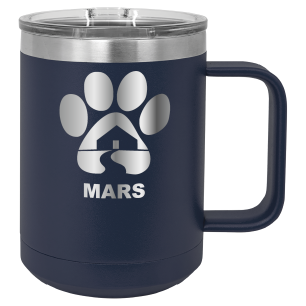 Navy blue 15 ounce laser engraved coffee mug with the Midwest Animal Rescue & Services (MARS) logo.