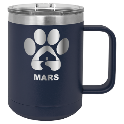 Navy blue 15 ounce laser engraved coffee mug with the Midwest Animal Rescue & Services (MARS) logo.