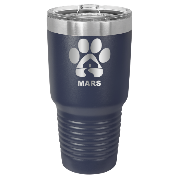 Navy blue 30 ounce laser engraved tumbler with the Midwest Animal Rescue & Services (MARS) logo.