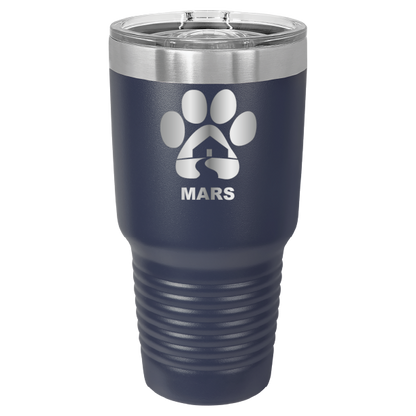 Navy blue 30 ounce laser engraved tumbler with the Midwest Animal Rescue & Services (MARS) logo.