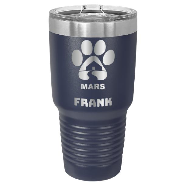 Navy blue 30 ounce laser engraved tumbler with the Midwest Animal Rescue & Services (MARS) logo and the name, "Frank"