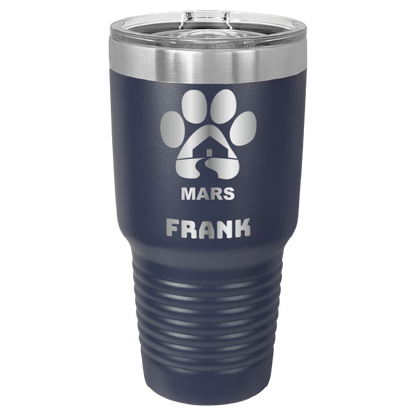 Navy blue 30 ounce laser engraved tumbler with the Midwest Animal Rescue & Services (MARS) logo and the name, "Frank"